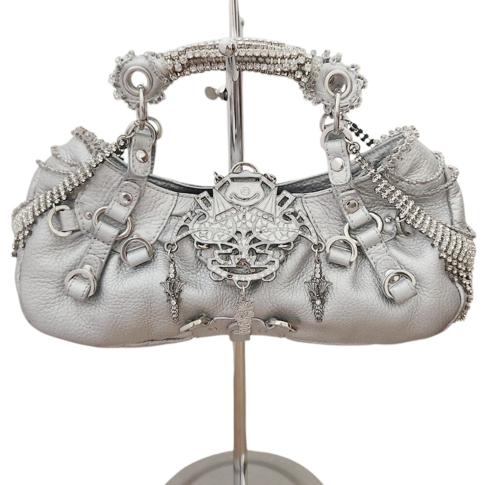 ON AURA TOUT VU Paris silver leather crystal beaded mini statement bag Gagaku